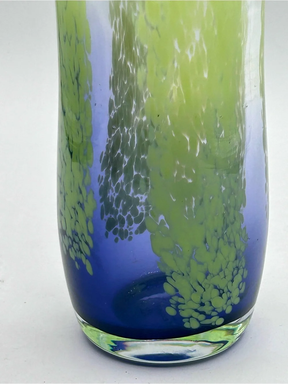 Vintage Teleflora Lime Green Blue Art Glass Vase Speckled Flared Lip Hand Blown